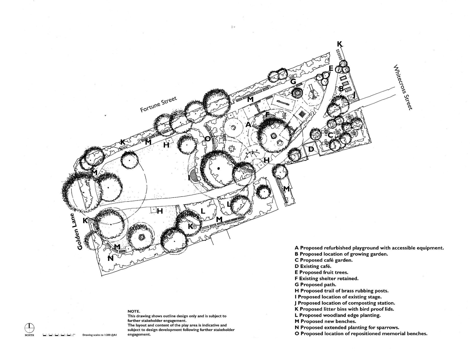 Plan view of a garden with trees, paths, and a building outline; labels and text.