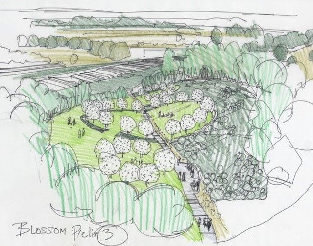 Sketch of a garden with flowering trees, paths, and surrounding greenery, overlooking a distant landscape.