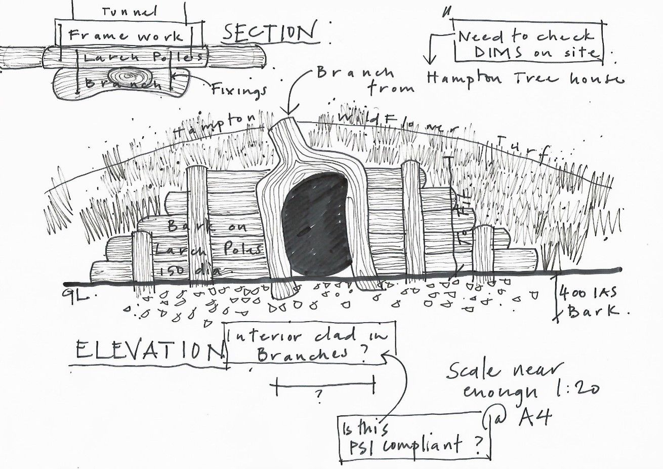 Hand-drawn sketch of a rustic structure, possibly a doorway or entrance, with text labels like
