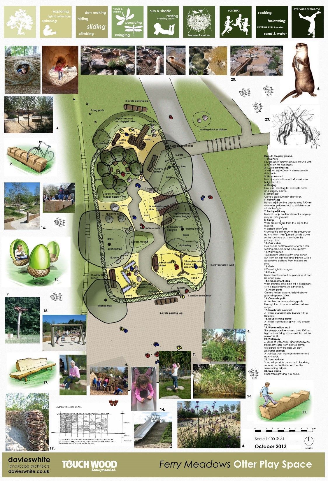 A park plan with illustrations, photos, and a green and tan layout. Includes images of play structures and nature elements.