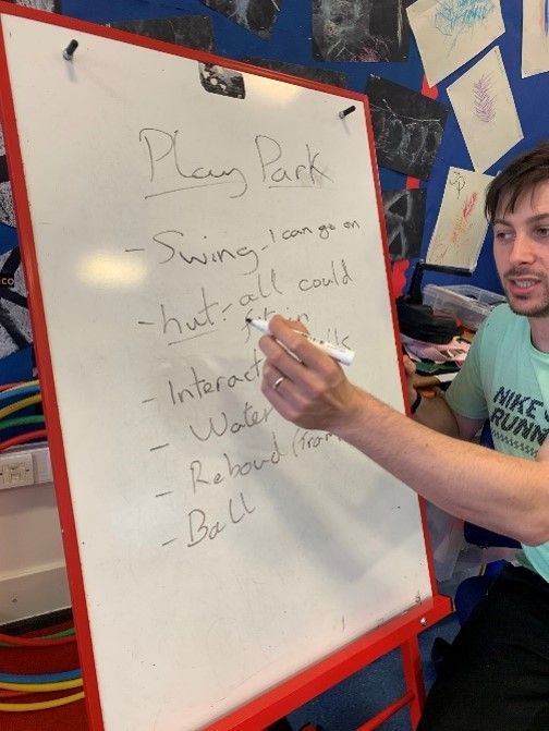 Man writing on whiteboard listing playground items.
