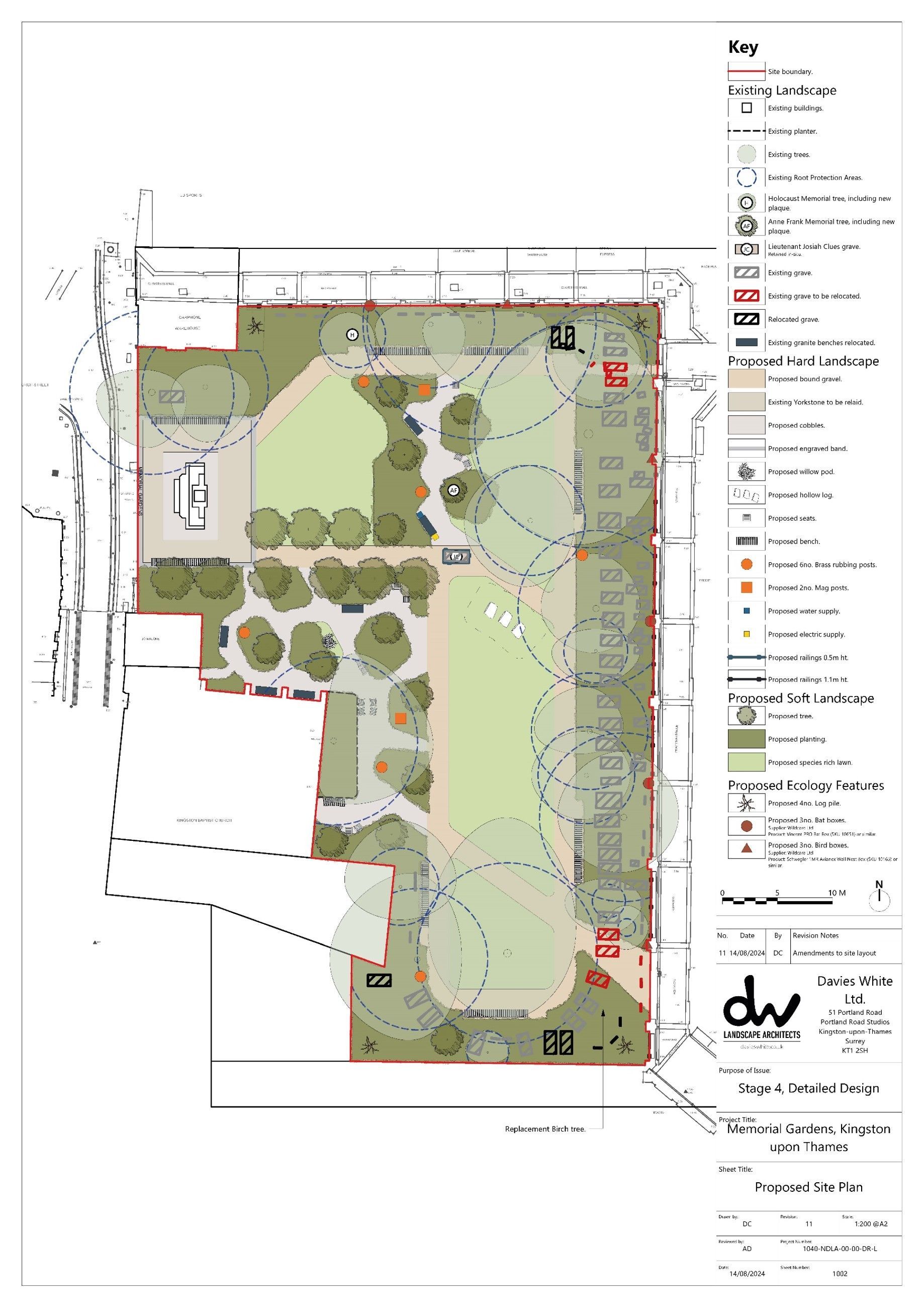 Landscape plan with park elements: green spaces, trees, paths, seating, play areas, and buildings, with a legend on the side.