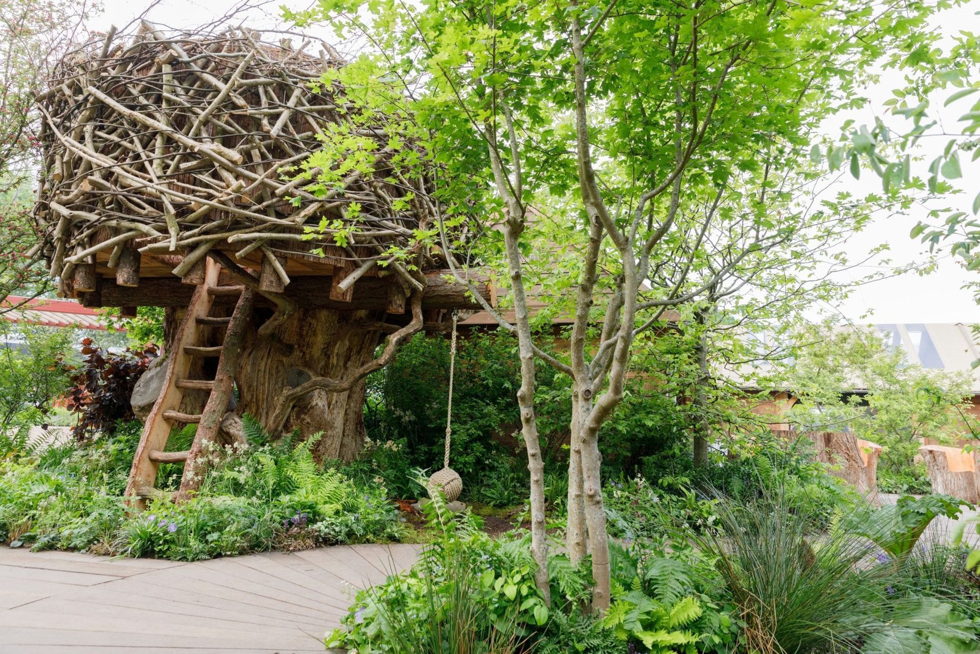 Treehouse with ladder and rope swing surrounded by lush greenery.