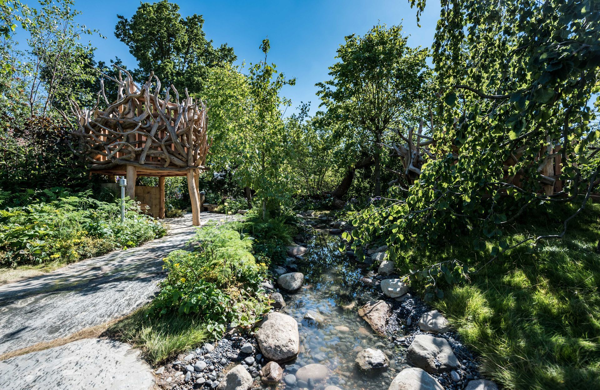 A wooden structure sits beside a shallow stream, surrounded by lush green trees and foliage. Sunny day.