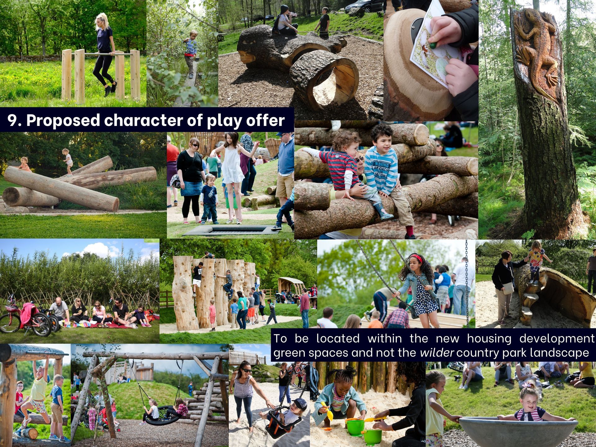 Collage showing children and families enjoying natural outdoor play equipment, including log balance beams and climbing.