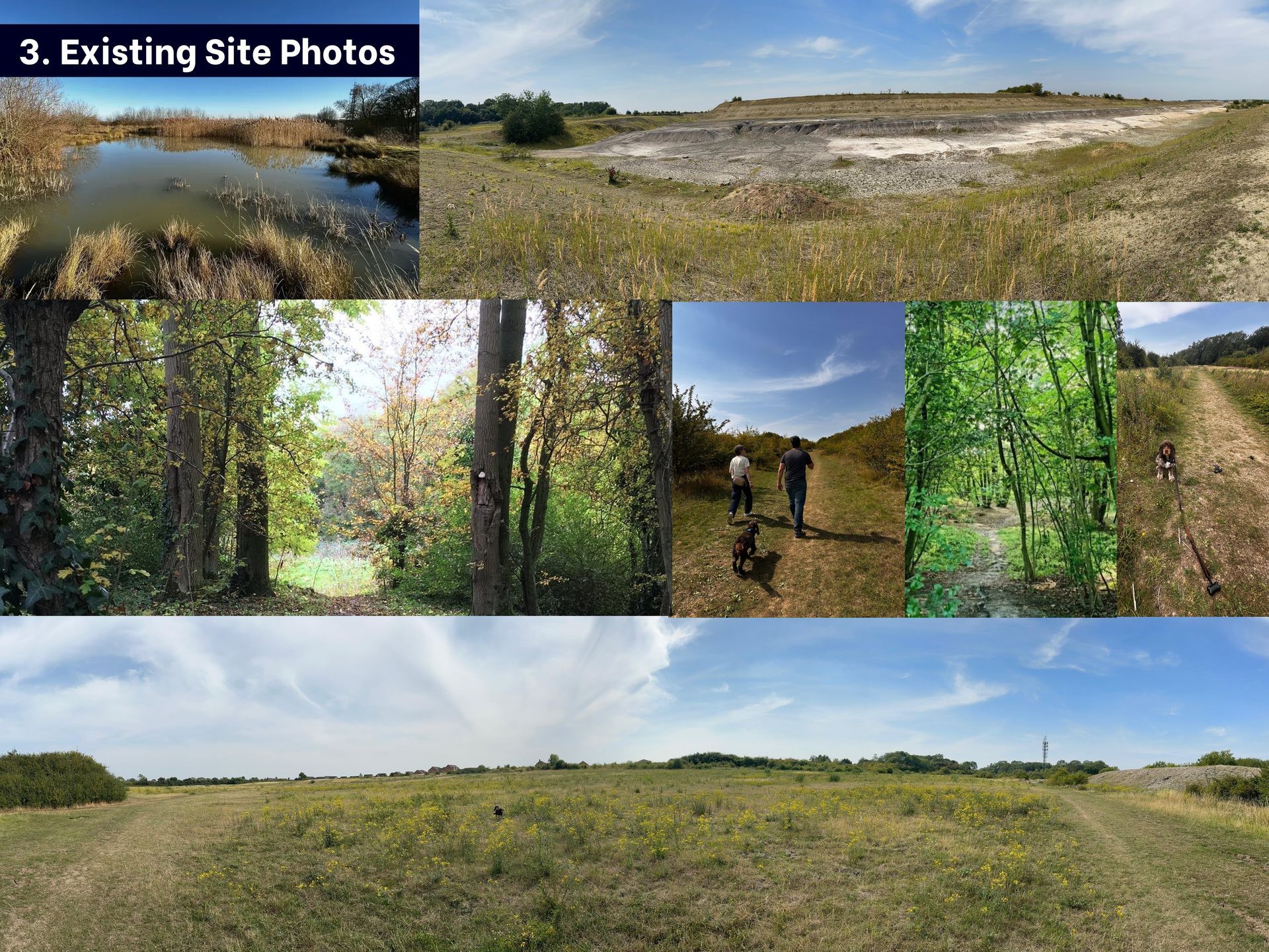 A collage of six photos showing rural landscapes, a pond, dirt paths, forested areas, and people walking through a field.