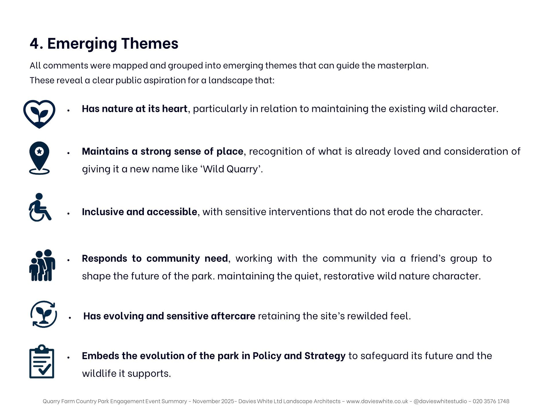 A list of six emerging themes for community programs, represented by icons and bulleted text.