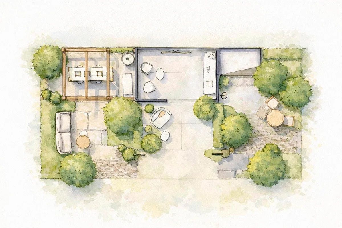 A watercolor AI floor plan of a small garden with rooms, furniture, trees, and a patio in soft green and tan tones