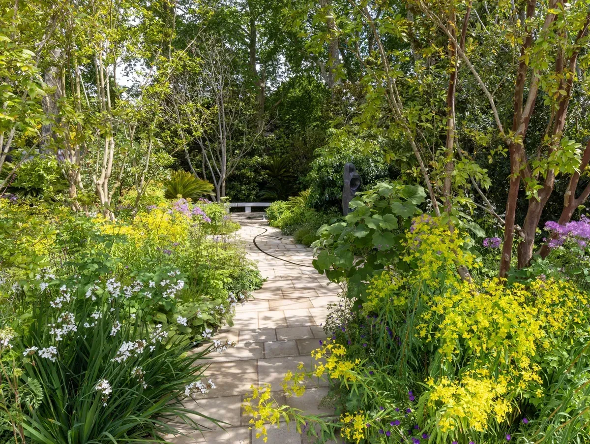 Tom Stuart Smith - Stone path through a lush garden with yellow and purple flowers and trees