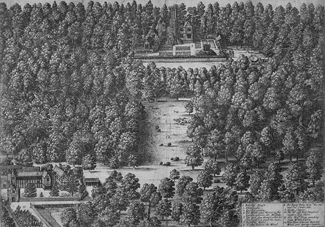 Black and white overhead view of a forested park with buildings, a tower, and a long cleared path.