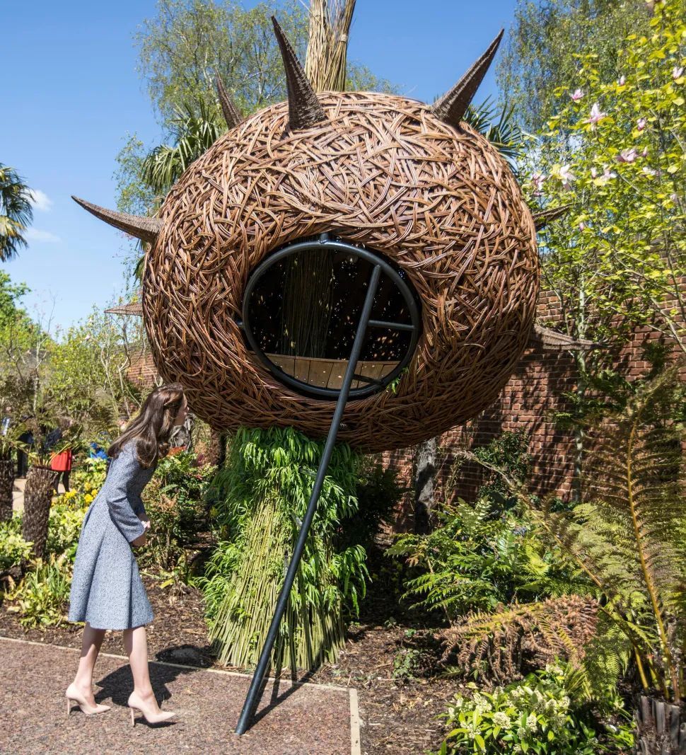 Woman in blue dress looks up at large, spiky woven sphere with a ladder, in a garden.
