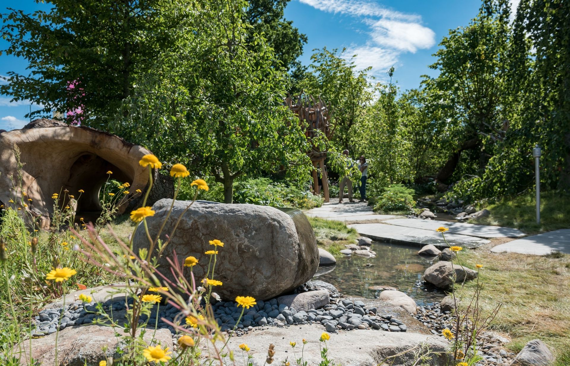A small, natural-looking stream with trees, rocks, and yellow wildflowers under a blue sky.