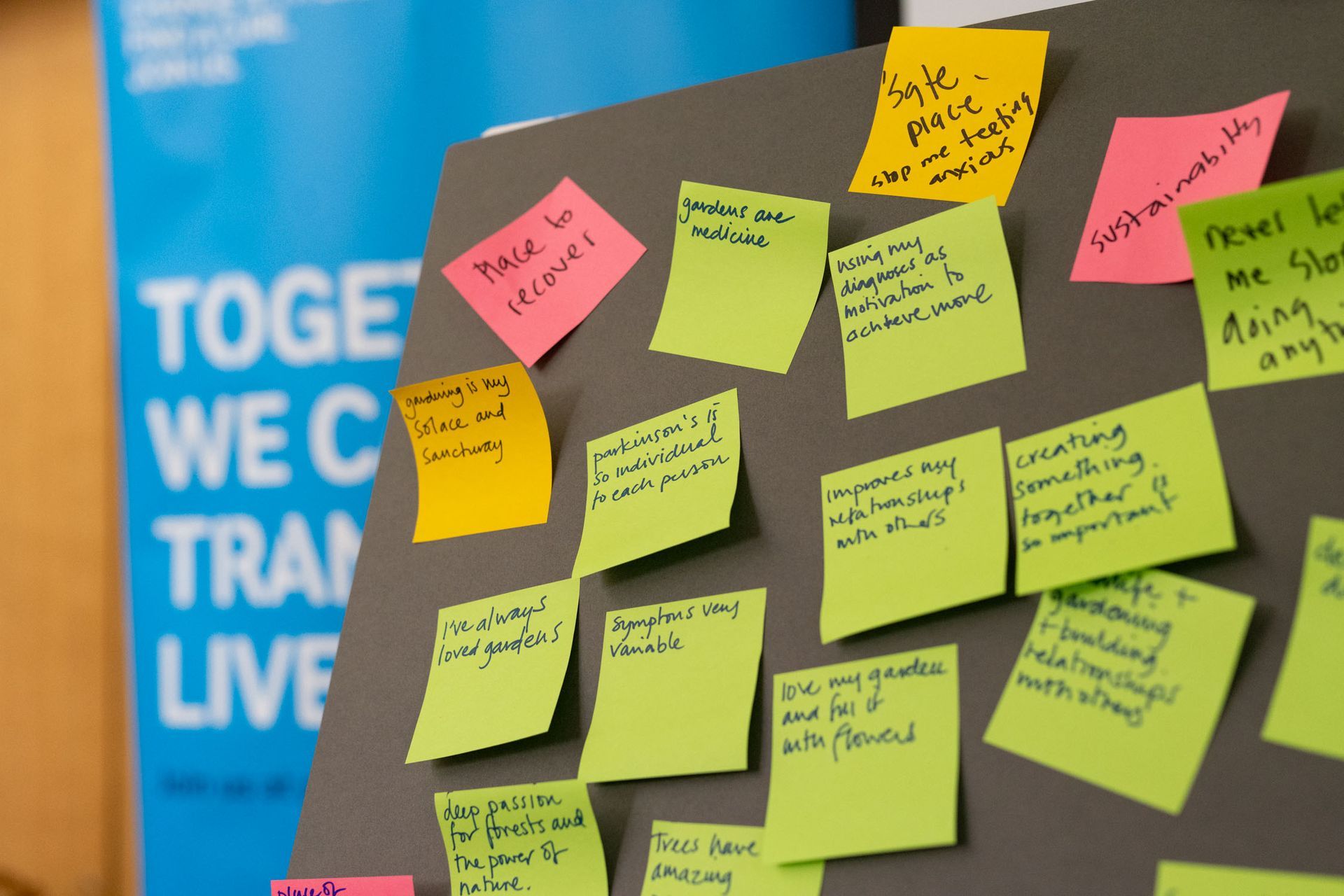 Colorful sticky notes clustered on a wall beside a blue sign with white text.