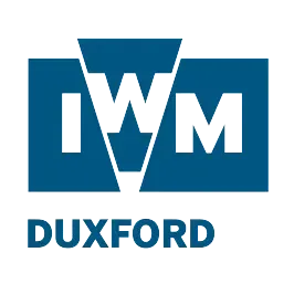 Logo of IWM Duxford, dark teal with white text and a blue rectangle.