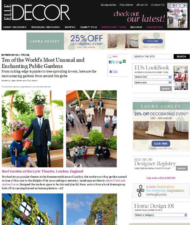Elle Decor website featuring an article on public gardens with colorful floral displays.
