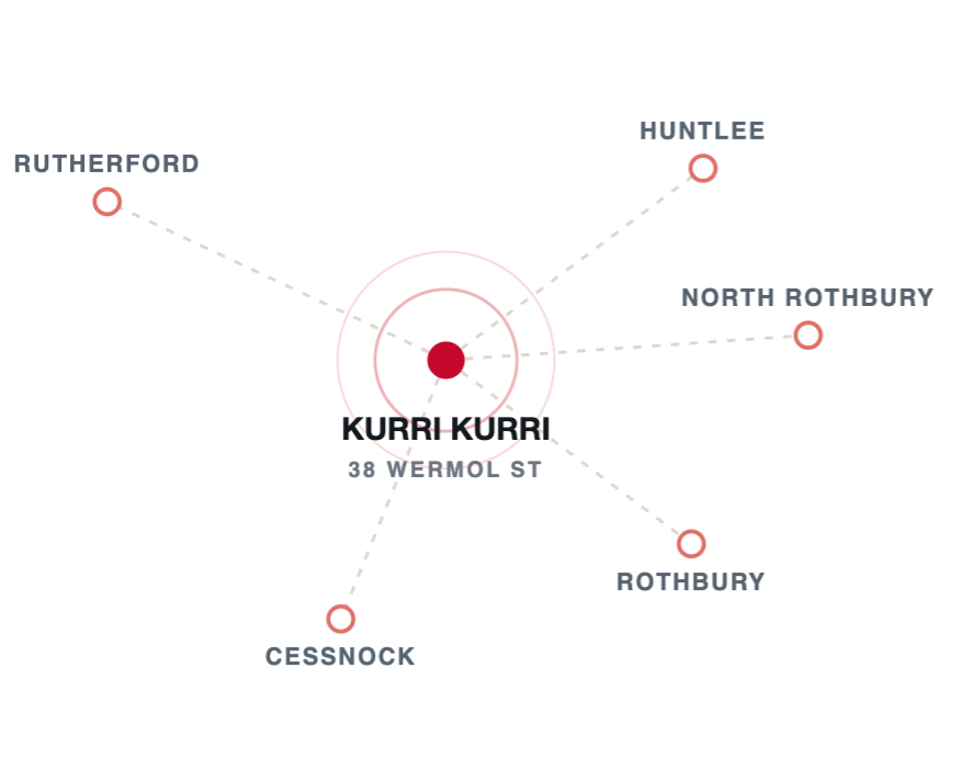 Map with Kurri Kurri centered, showing nearby places: Rutherford, Huntlee, North Rothbury, Rothbury, and Cessnock.