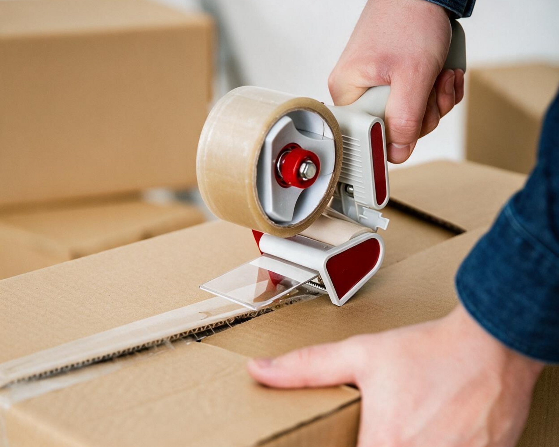 Hands using a tape dispenser to seal a cardboard shipping box.