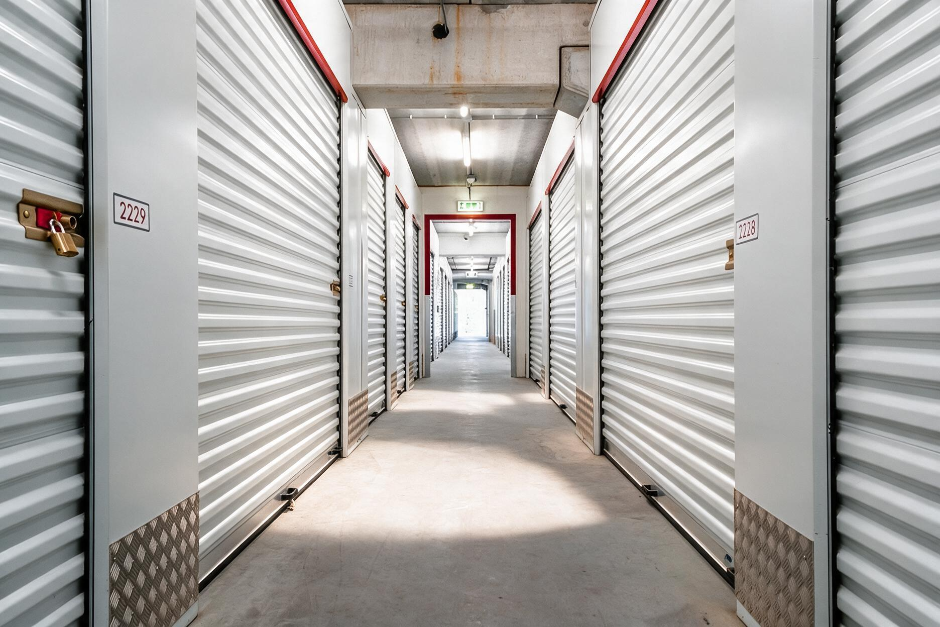 Narrow indoor corridor lined with closed metal storage unit doors in a self-storage facility