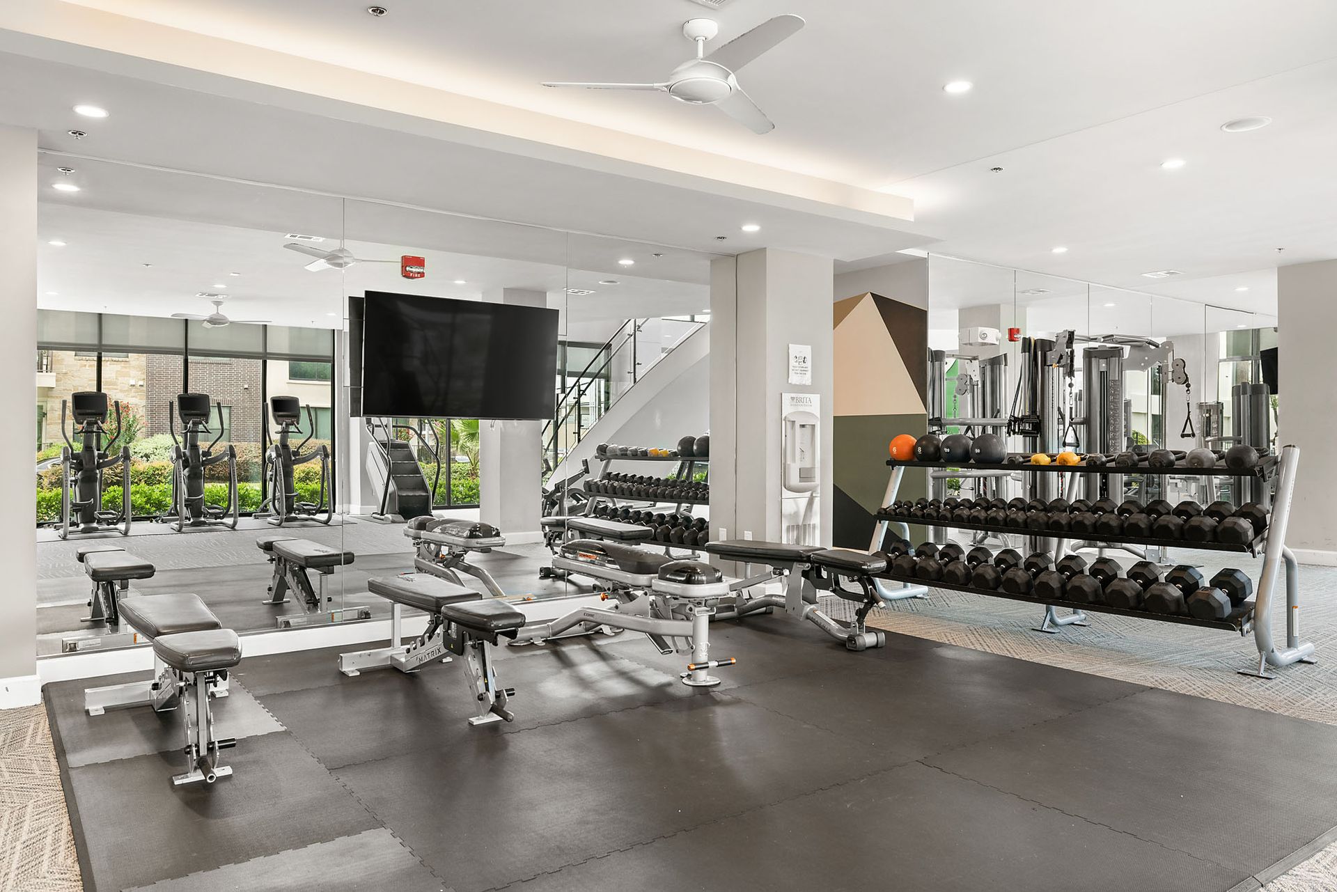 Modern gym with weight benches, dumbbells, mirrors, and large windows in a bright workout room