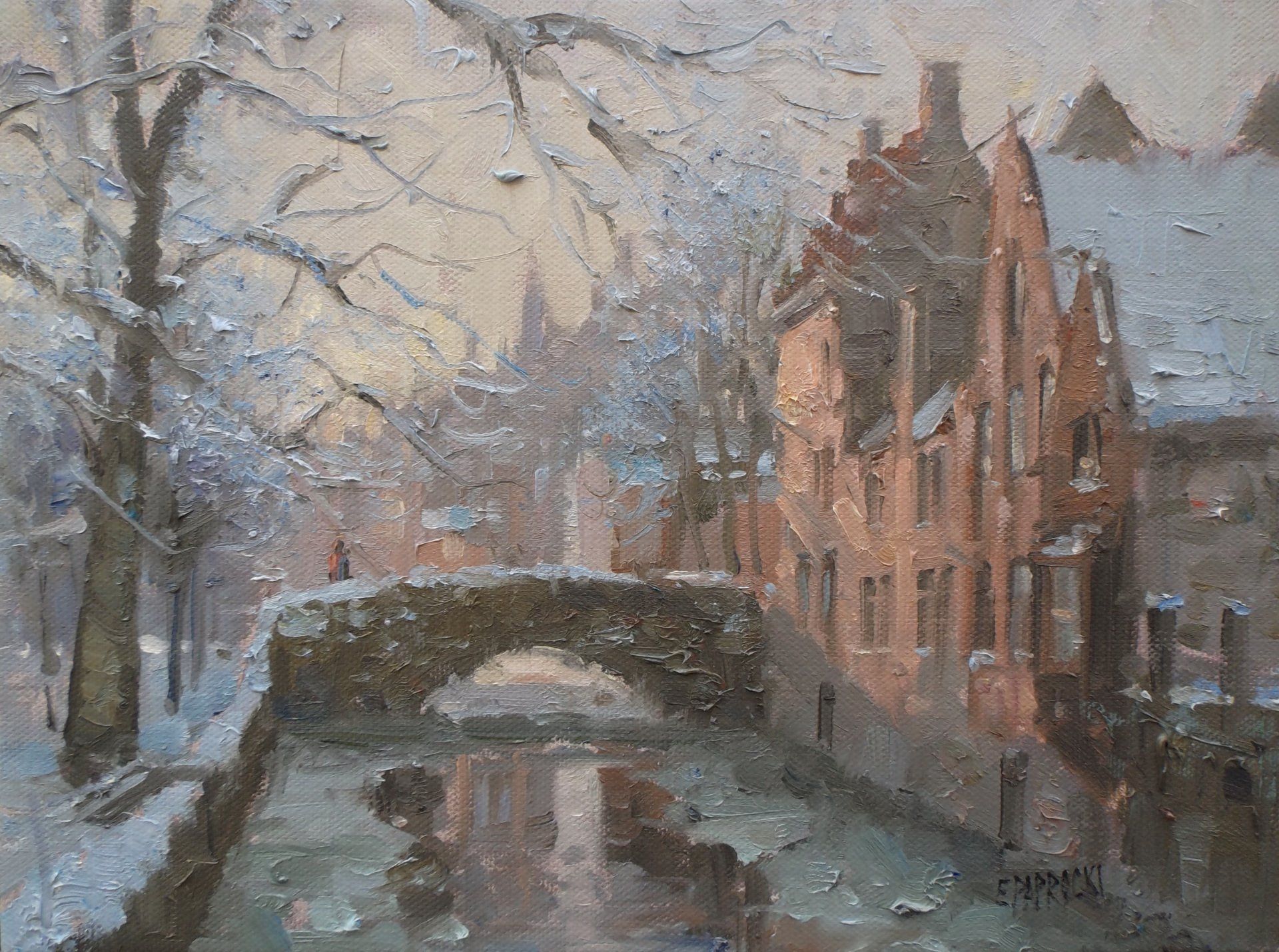A painting of a bridge over a river in a snowy city