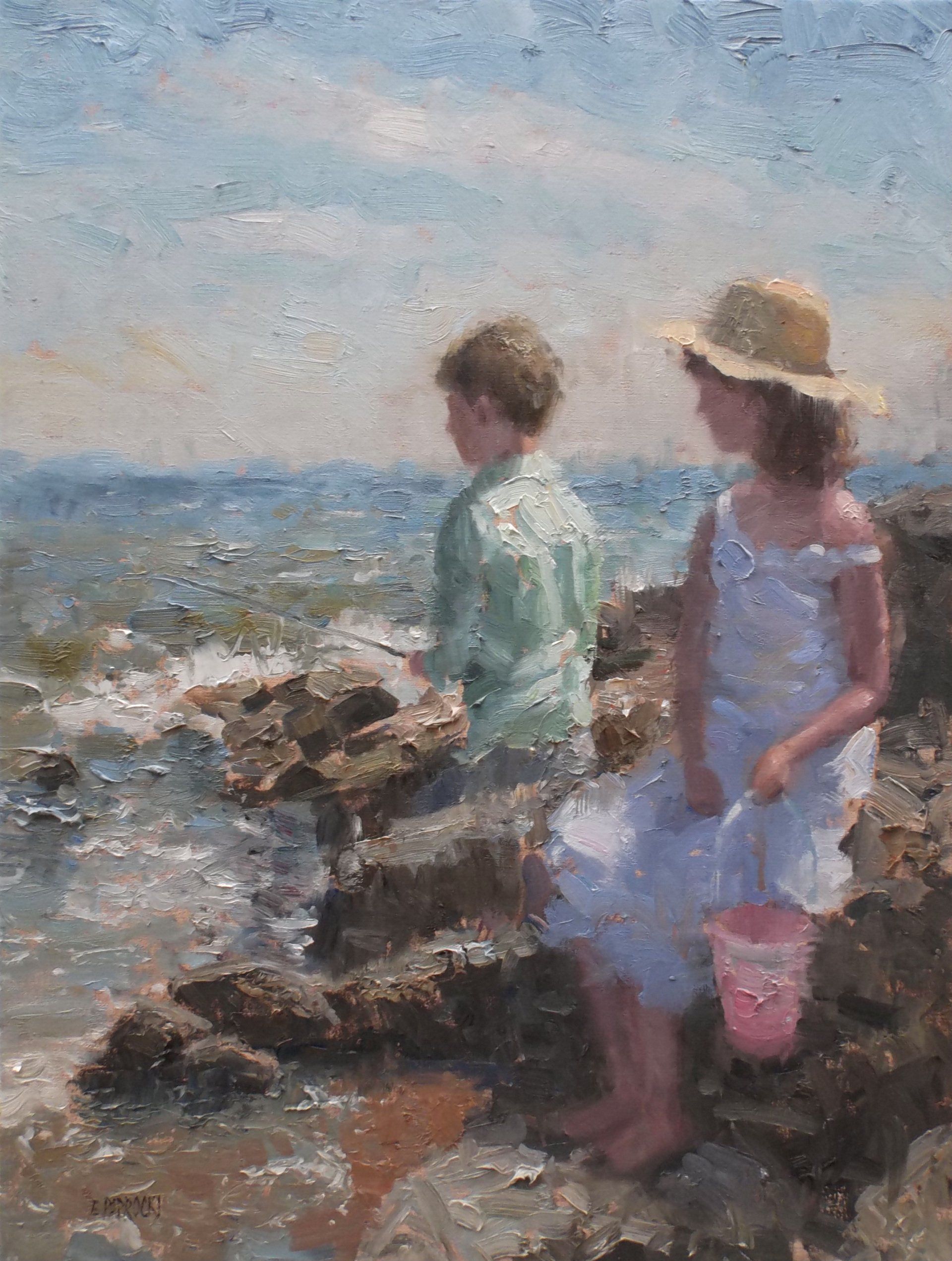 A boy and a girl are sitting on rocks near the ocean in a painting.