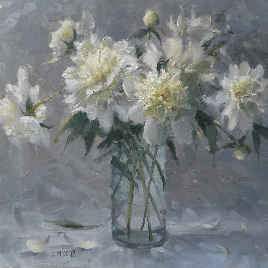 A painting of white flowers in a vase on a table.