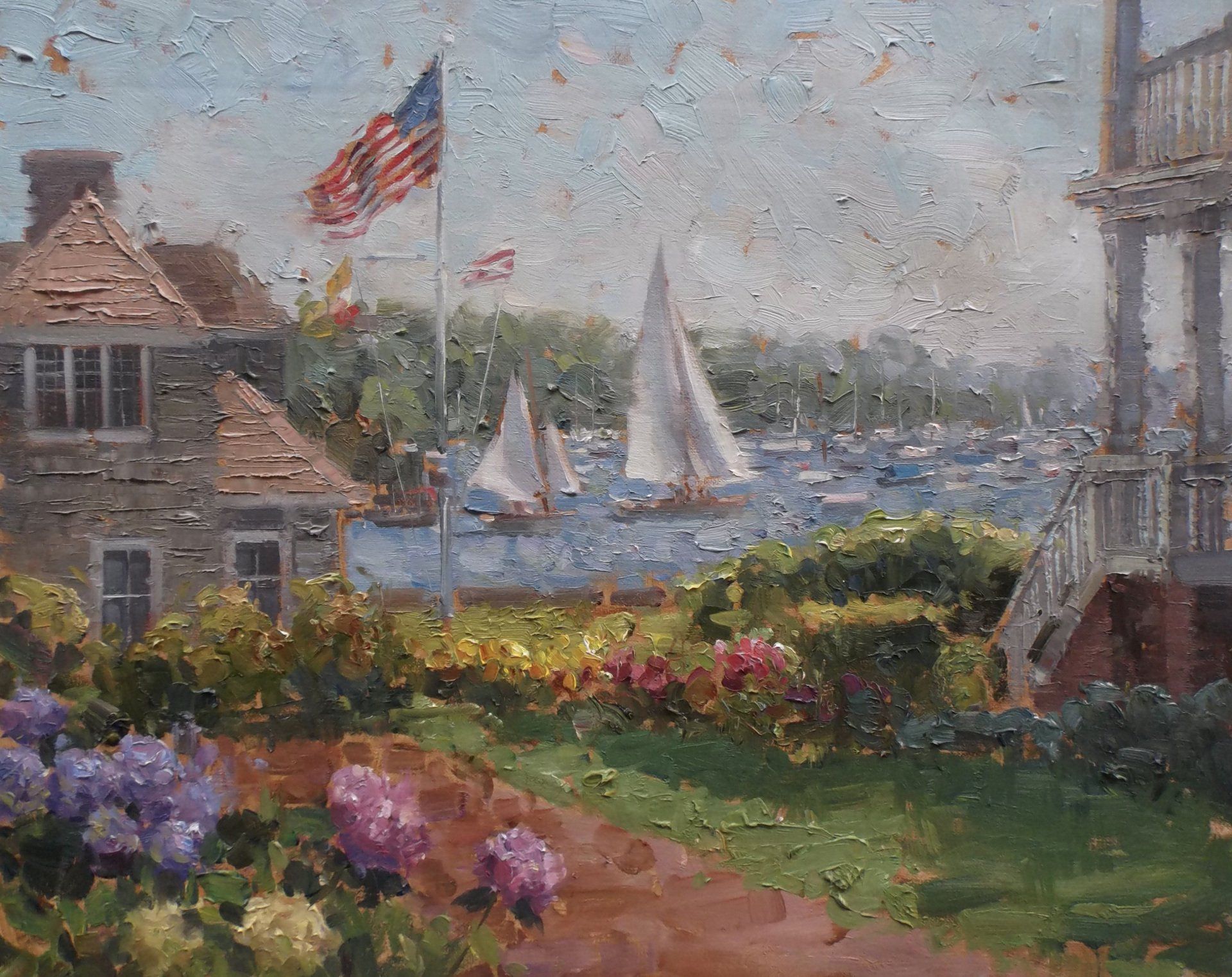A painting of sailboats in a harbor with a house in the background