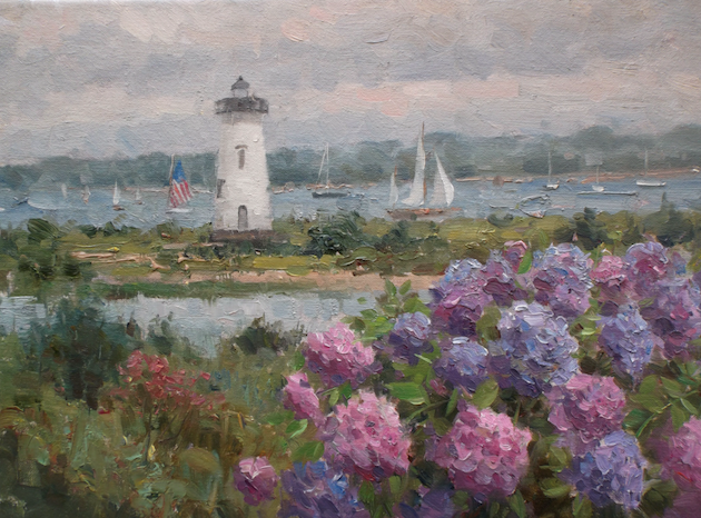 A painting of a lighthouse and boats in the water with purple flowers in the foreground.