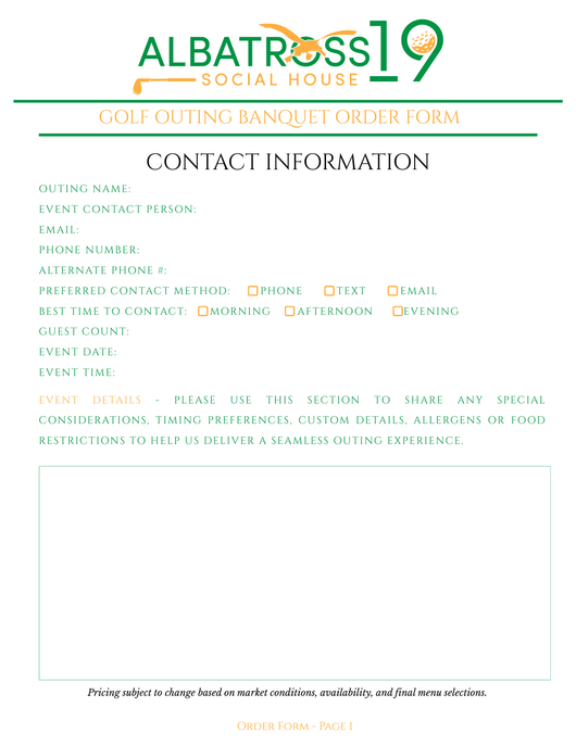 Registration form for Albatross 19 Social House golf outing. Includes contact info fields and a section for additional notes.