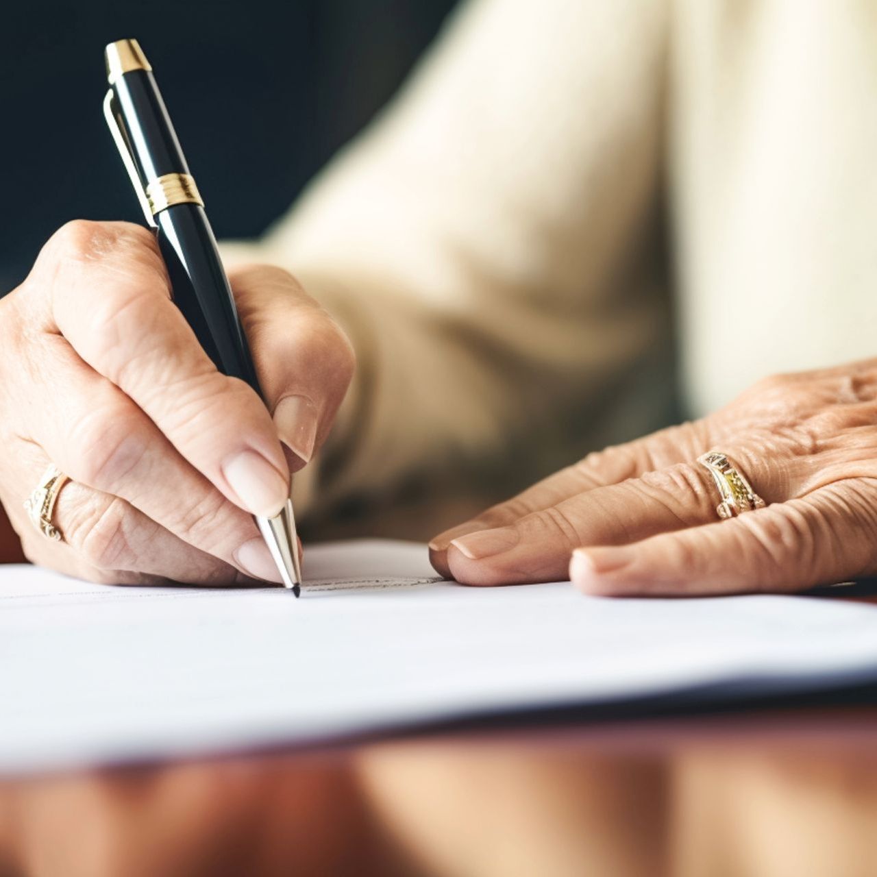 A woman is writing on a piece of paper with a pen