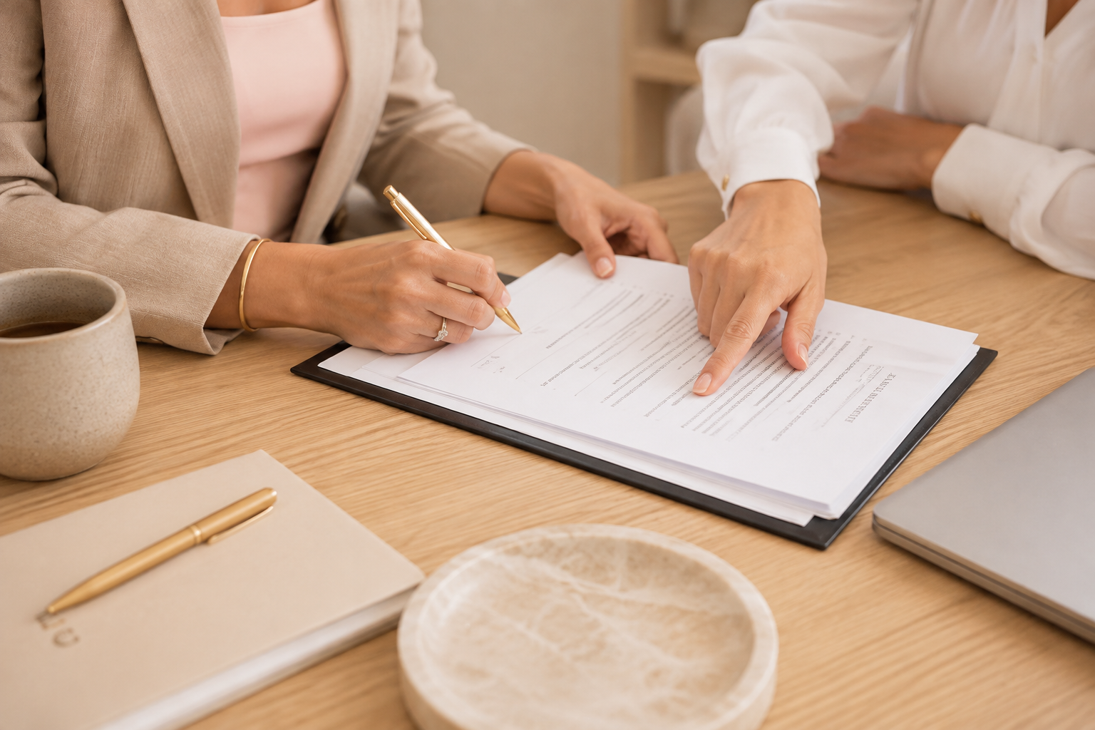 Two people reviewing and signing a business contract, representing business and commercial law services at Airlie Legal