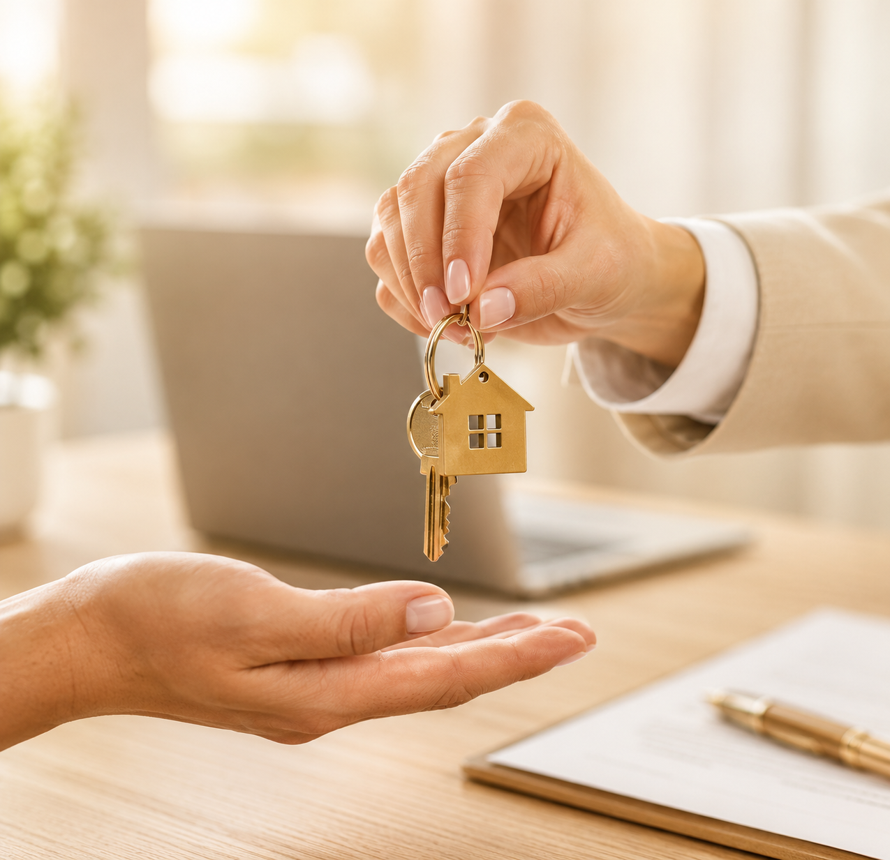 Hands holding small model houses, representing property buying services at Airlie Legal