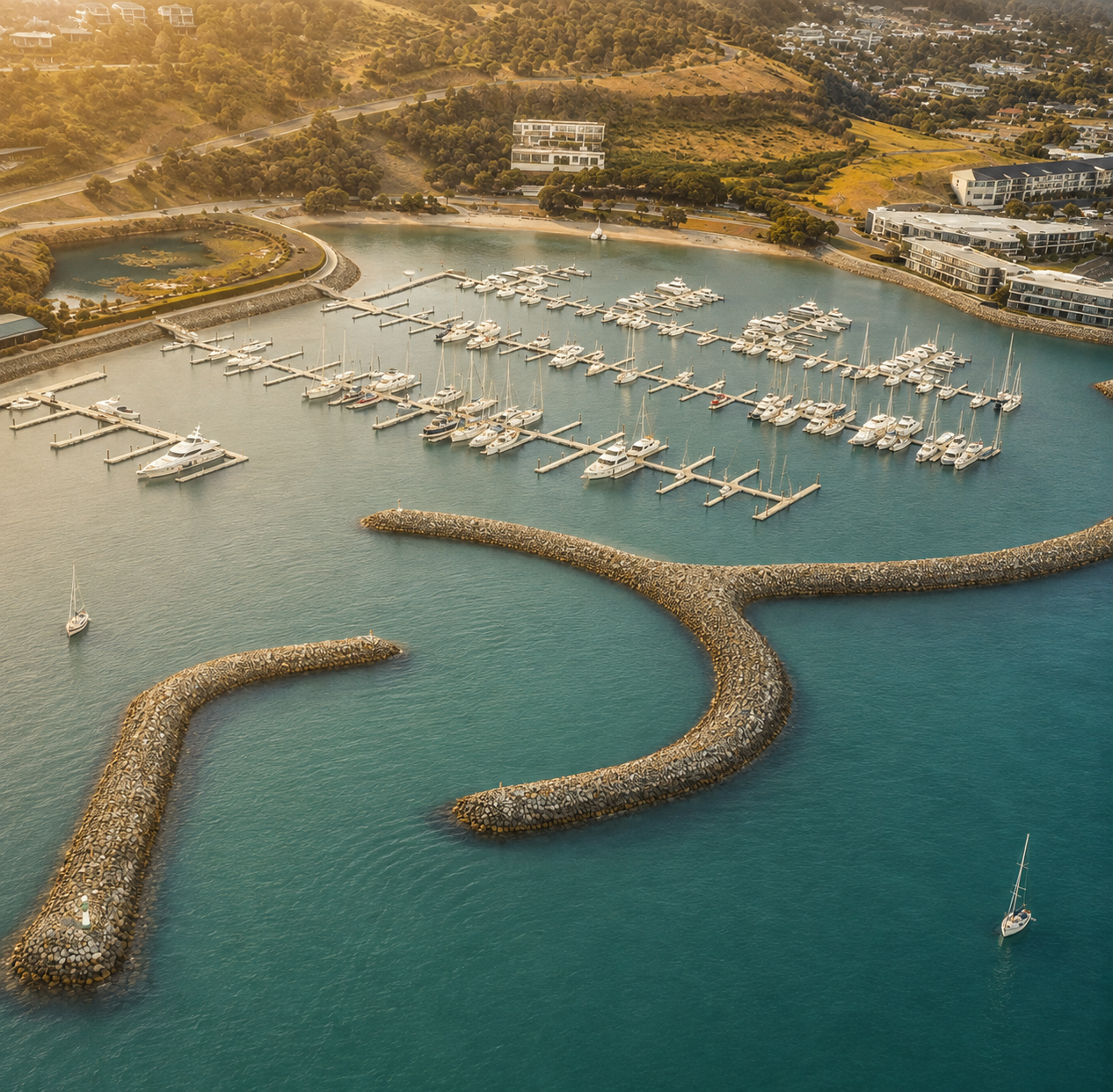 Aerial view of a marina, representing marina berth conveyancing services at Airlie Legal