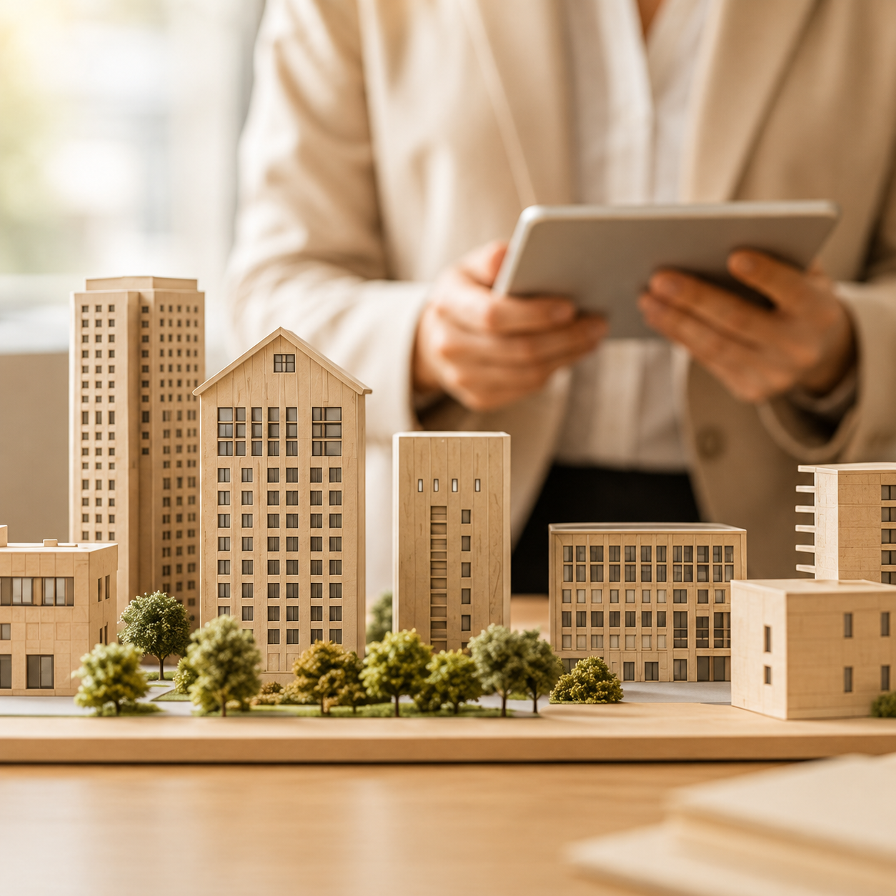 Wooden model city buildings on a table with a person using a tablet in the background