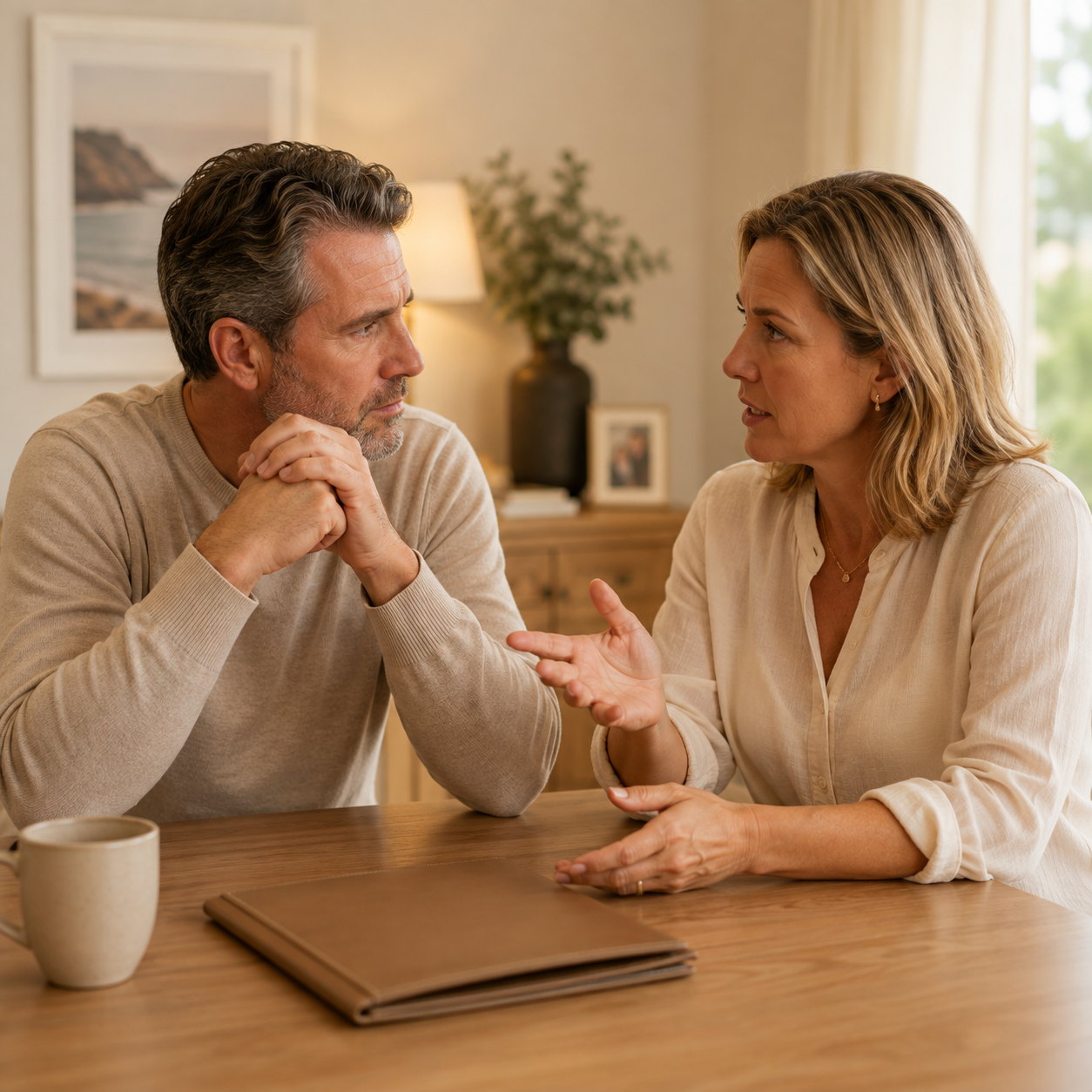 Two people talking at a wooden table, discussing challenging a will in a bright room, with a mug and folder in front of them