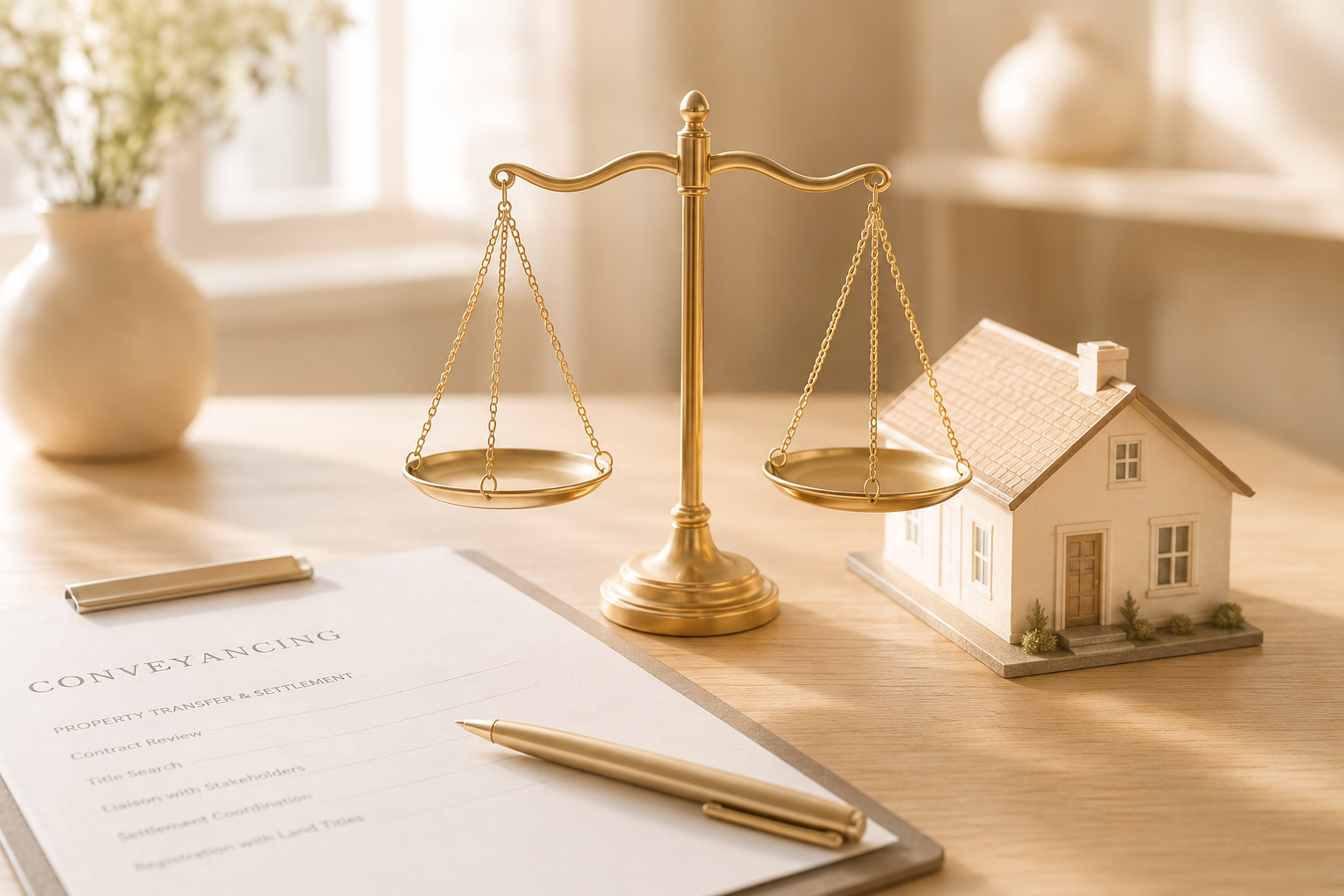 Gold scales beside a house model and signed document on a warm-toned desk