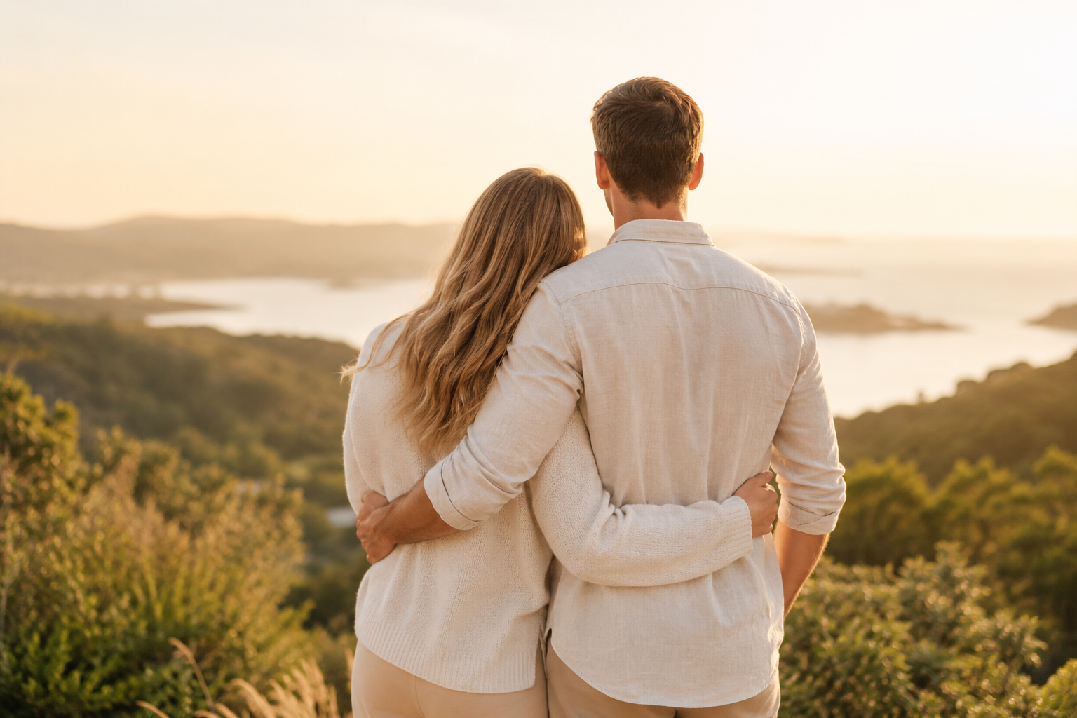 Couple embracing and looking towards the Whitsunday coastline, representing future estate planning