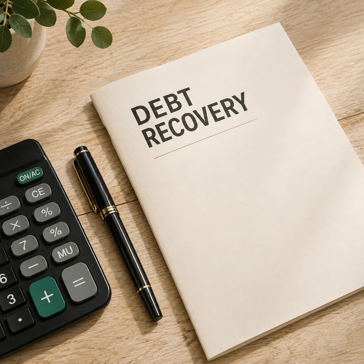 A notepad that says debt recovery next to a calculator and pen