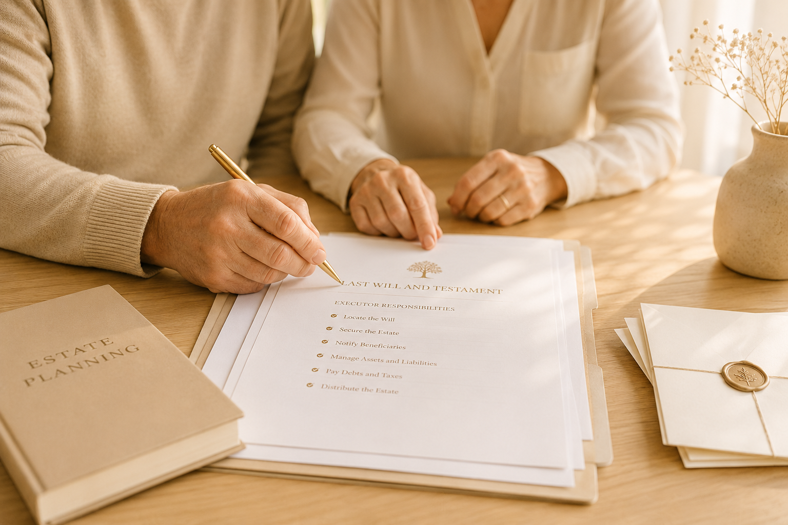 Executor reviewing will and estate documents.