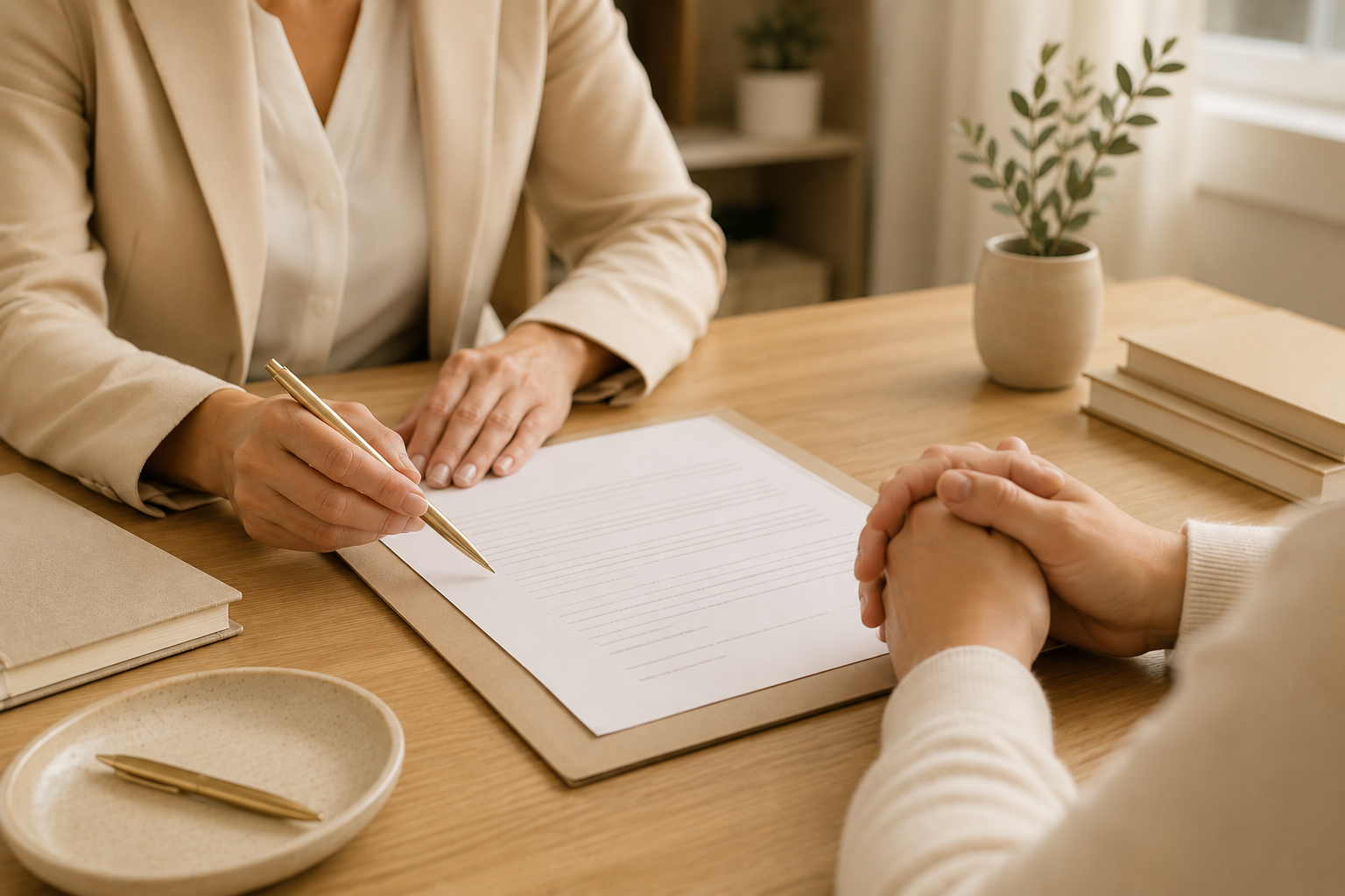 Family lawyer providing advice during a client consultation.