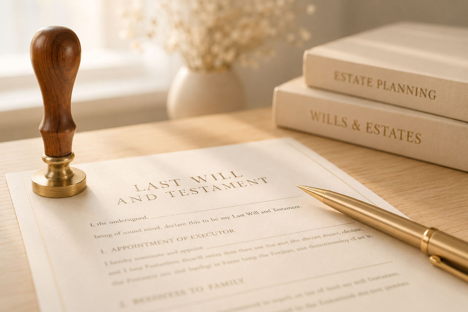 Last will and testament with legal documents and gold pen.
