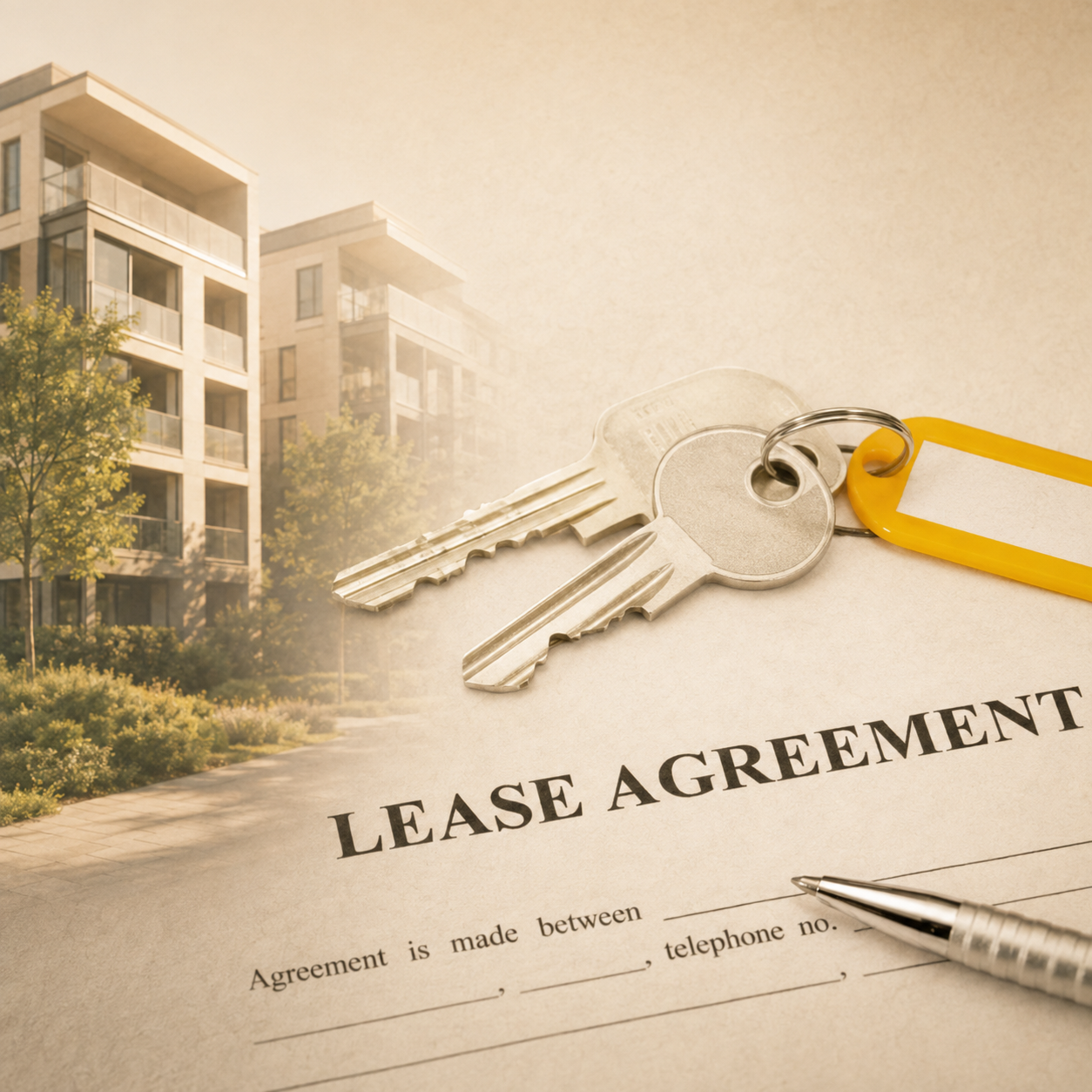 A lease agreement with keys and a pen on it