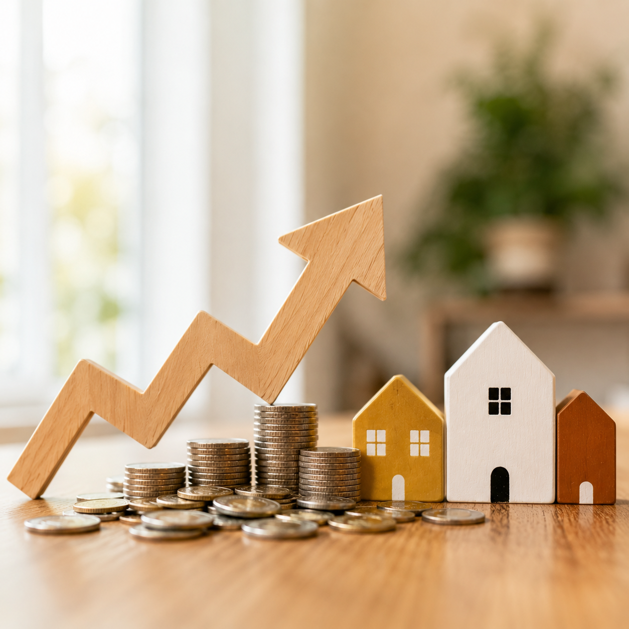 A person is holding two small houses and coins in their hands.
