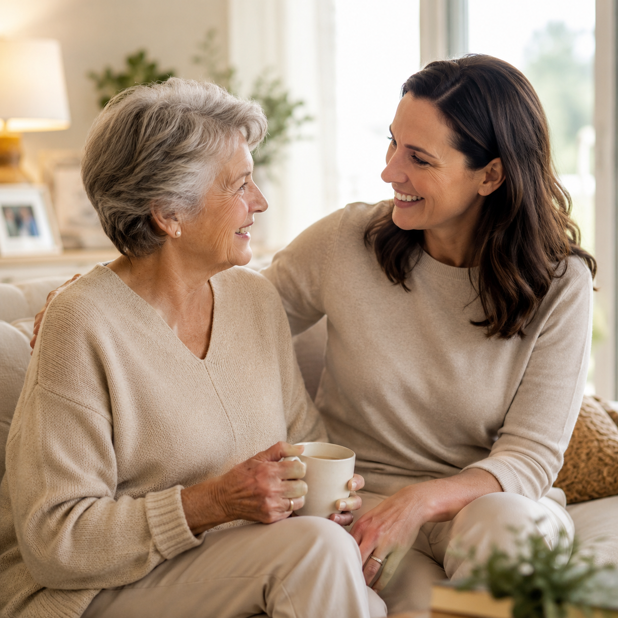 Two people smiling on a couch, talking about Power of Attorney in a cozy living room with a lamp and plants.