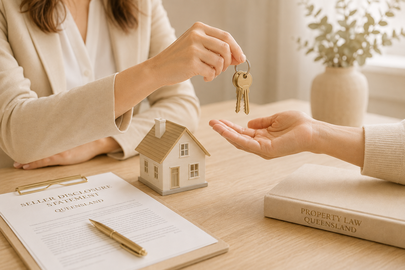 Property seller handing over keys under Queensland disclosure rules.