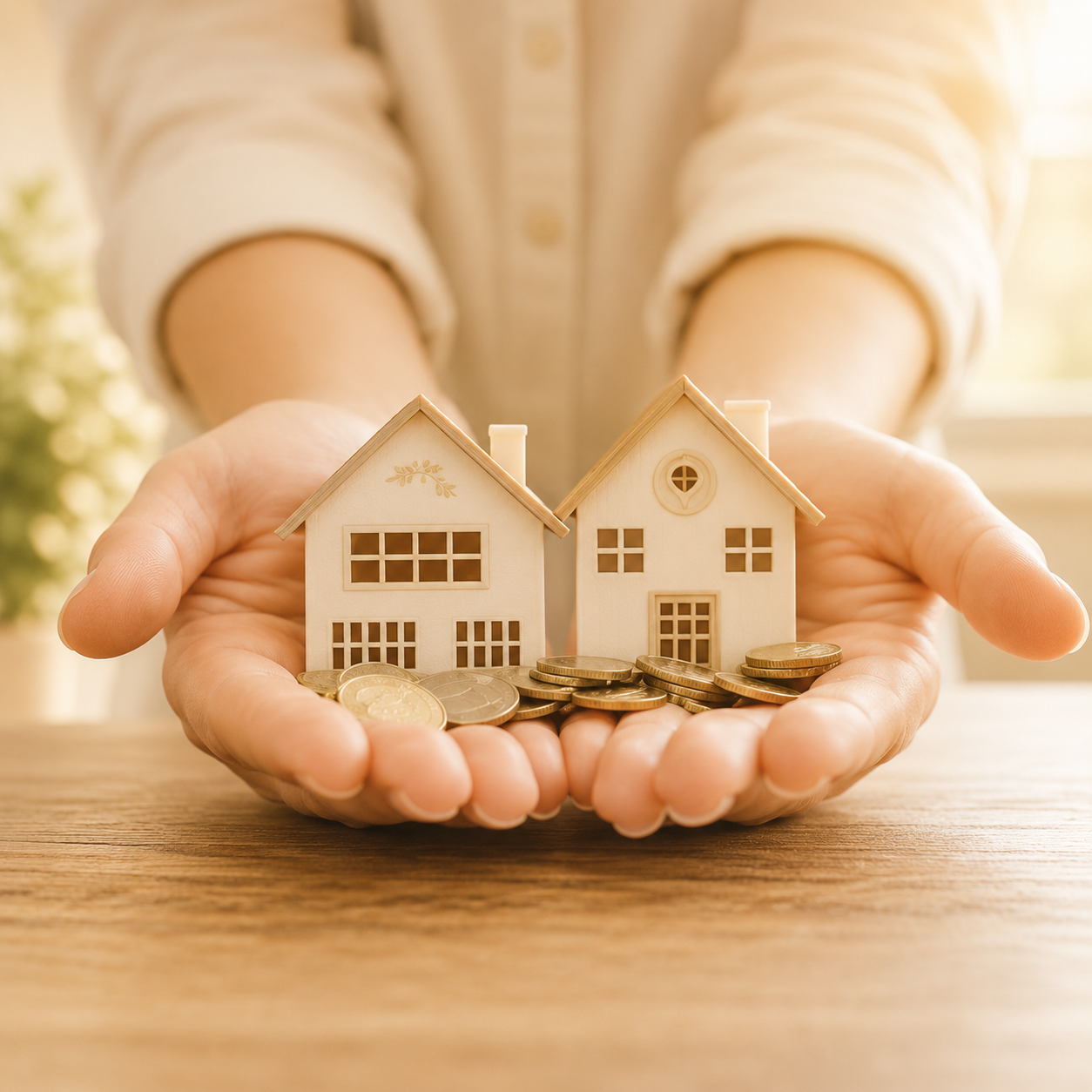 A person is holding two small houses and coins in their hands.