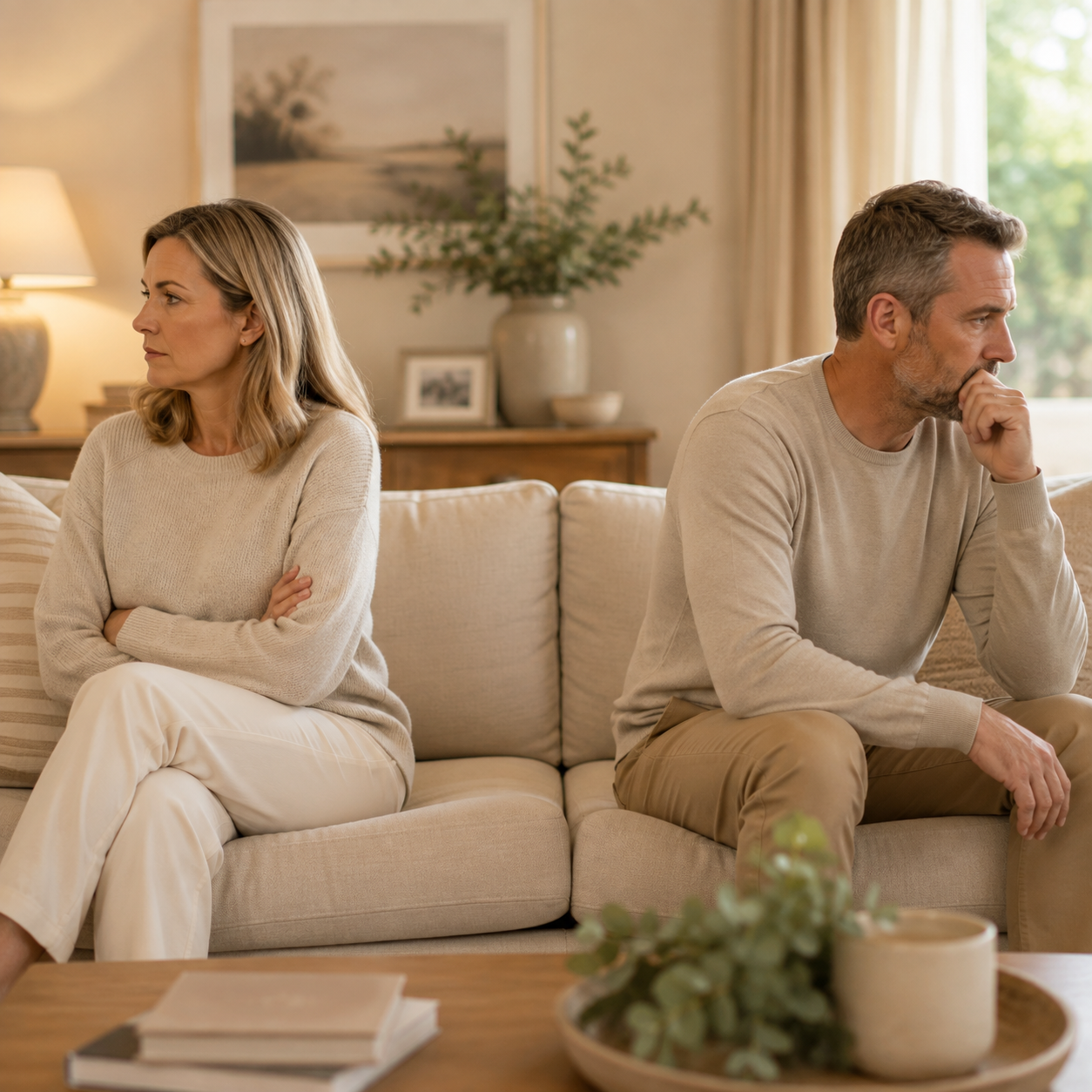 Two people sit apart on a couch, looking away in a softly lit living room.