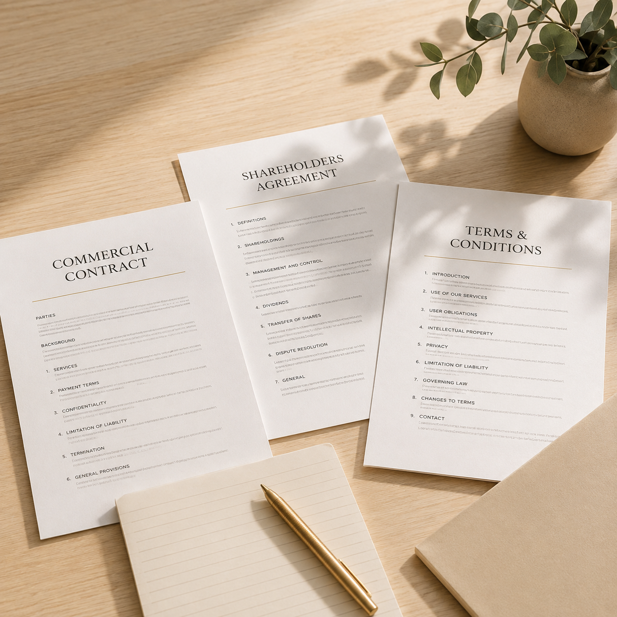 Legal documents for shareholders agreements, commercial contracts and terms and conditions.
