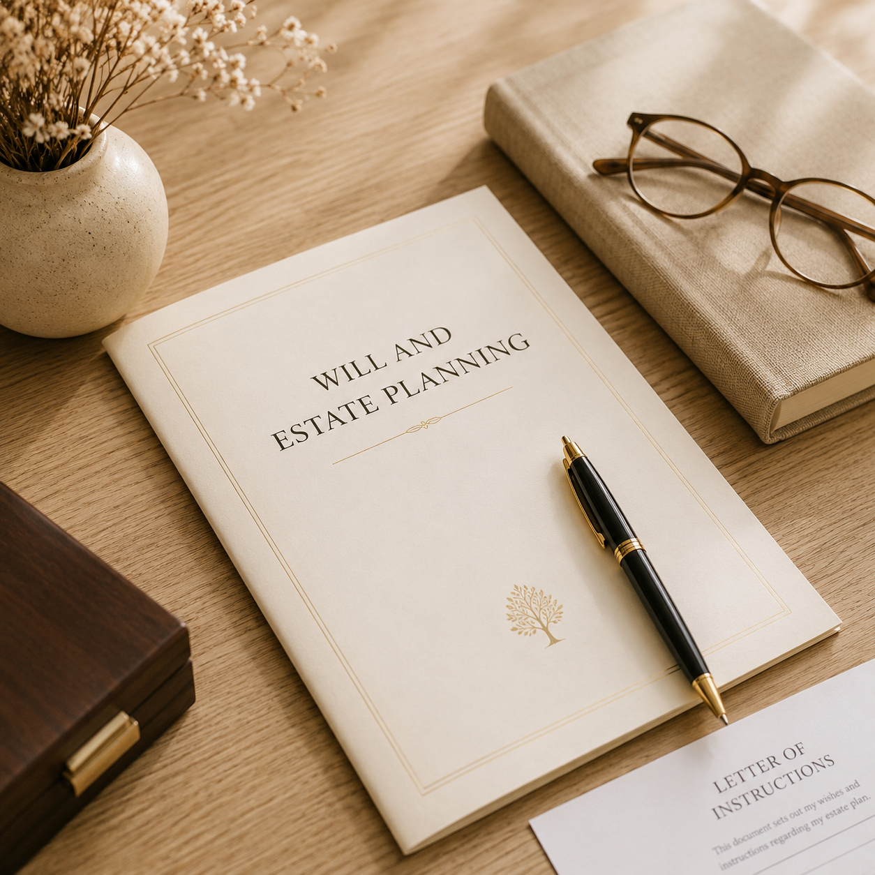 Will and estate planning documents with pen on a warm timber desk.