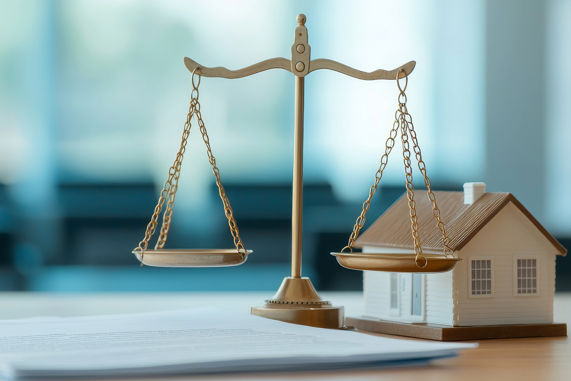 Golden scales of justice next to a miniature house on a table with a document.
